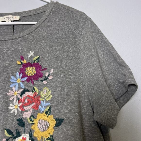 Umgee Short Sleeve T Shirt Dress Embroidered Floral Sz XL Gray Boho Loungewear - Picture 6 of 11